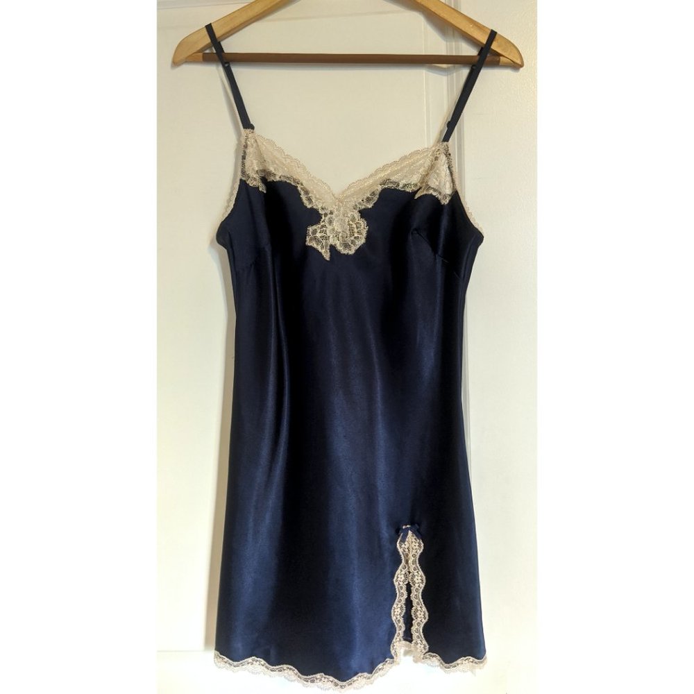VS Navy Slitted Satin & Lace Slip